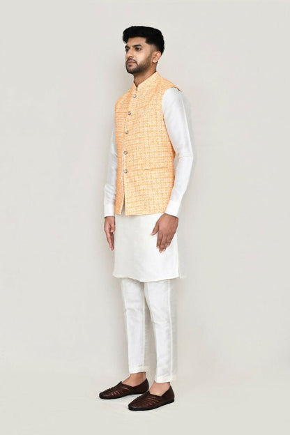 Joban Fashion White Colored Art Silk Fabric Kurta, Jacket With Straight Fit Pant