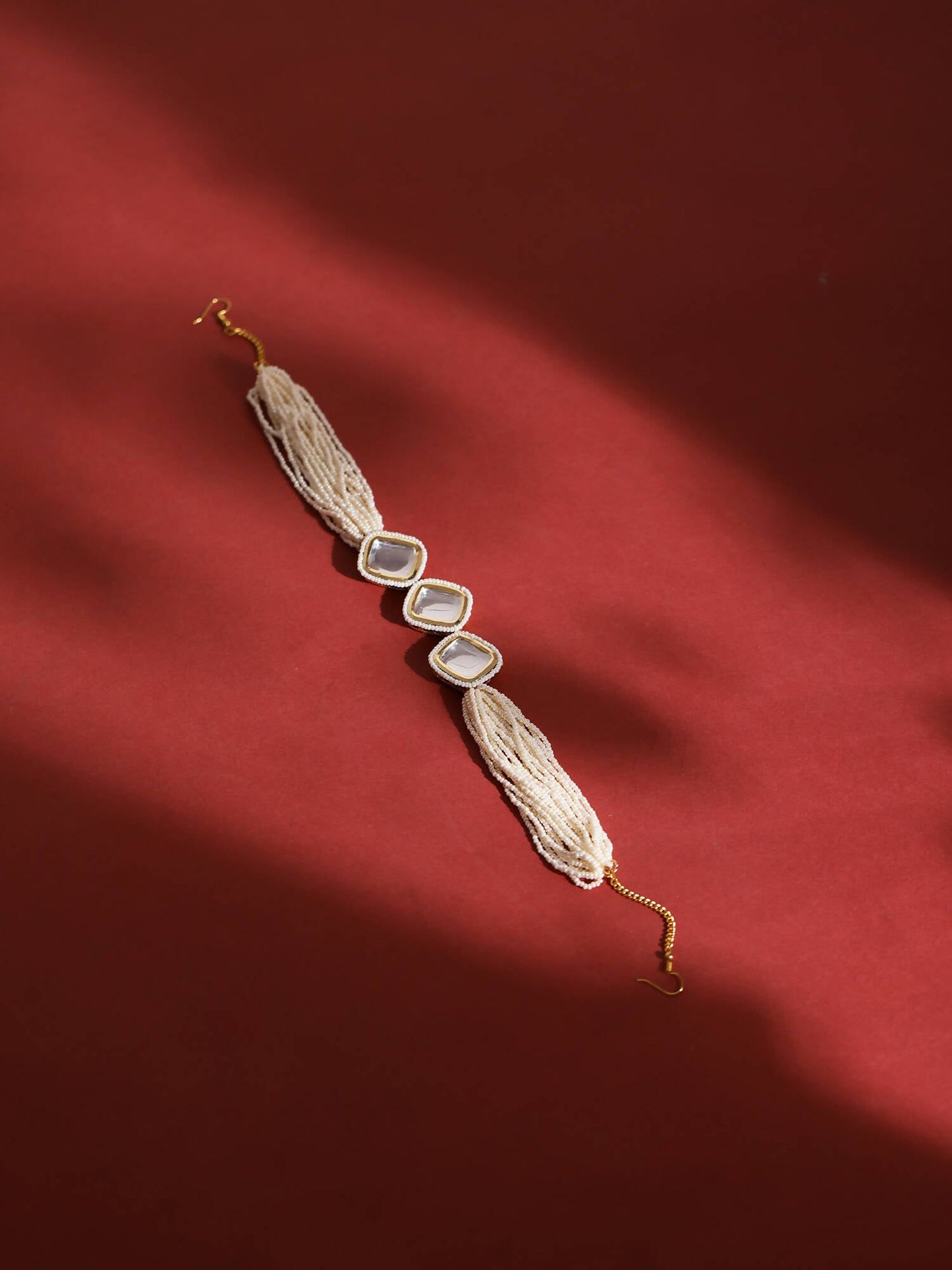 Gold-Polished White Kundan-Studded Pearl Beaded Hair Band - Ruby Raang