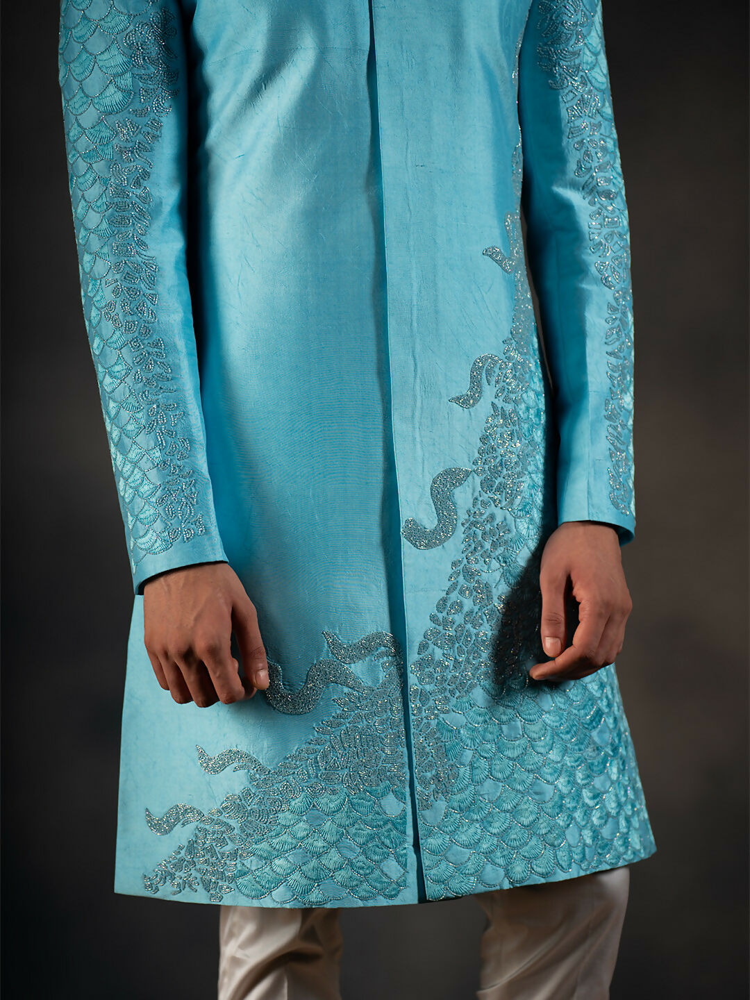 Sky Blue Hand Embroidered Indowestern Sherwani by Hilo Design
