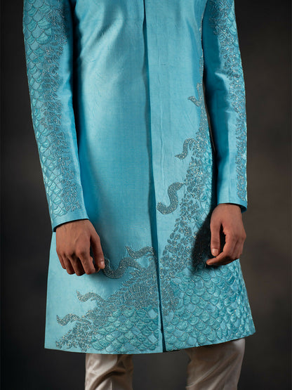 Sky Blue Hand Embroidered Indowestern Sherwani by Hilo Design