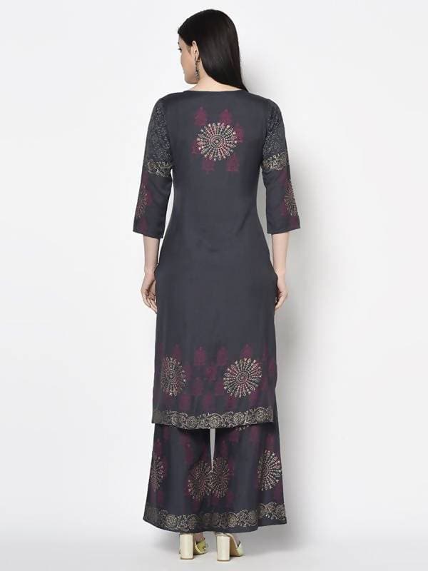 Aniyah Rayon Dark Grey Color Block Print Straight Kurta (AN-203K)
