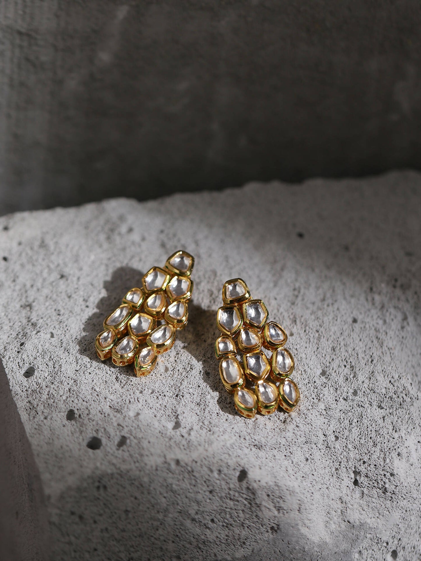 Gold-Toned White Kundan Contemporary Gold-Polished Drop Earrings - Ruby Raang