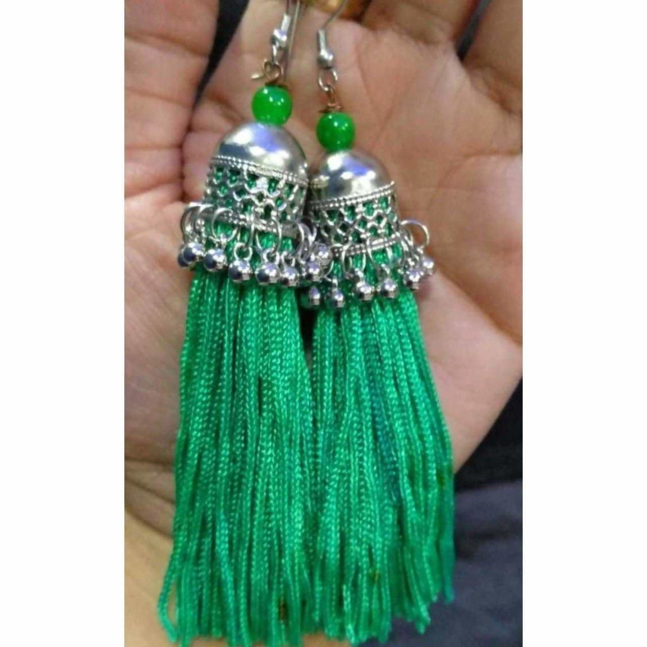 MS Fashion India Latest Fashion Green Hanging Threads In Jhumka Earrings