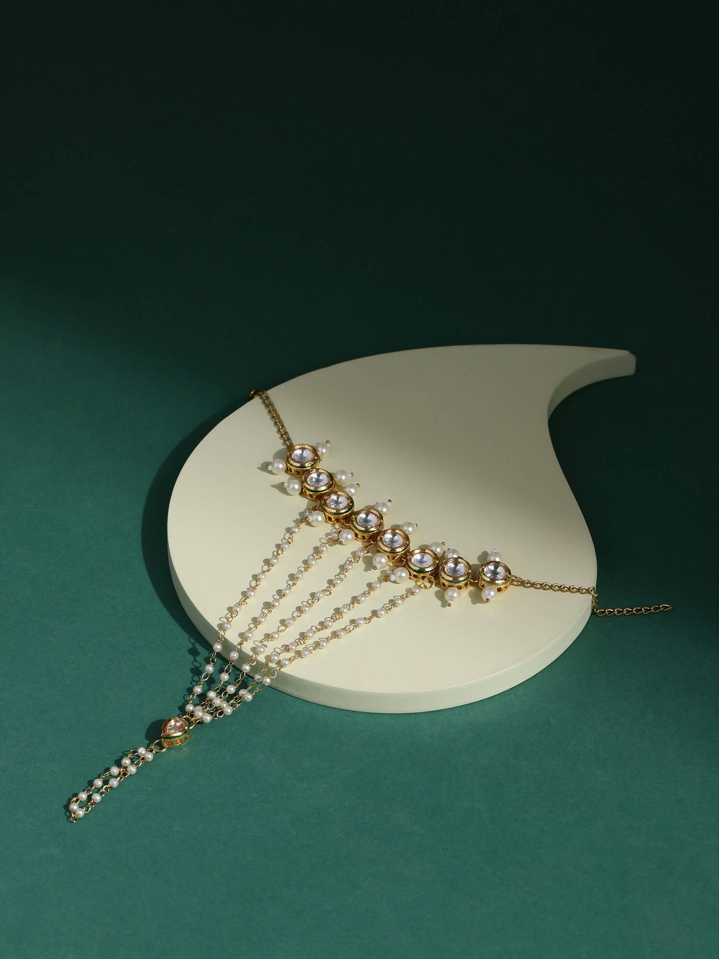 Women's Gold-Toned White Brass Kundan Gold-Polished Link Bracelet - Ruby Raang