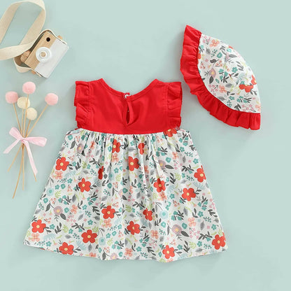 Bold N Elegant Cotton Floral Printed Ruffle Sleeve Princess Dress Frock With Fabric Hat Cap - Red