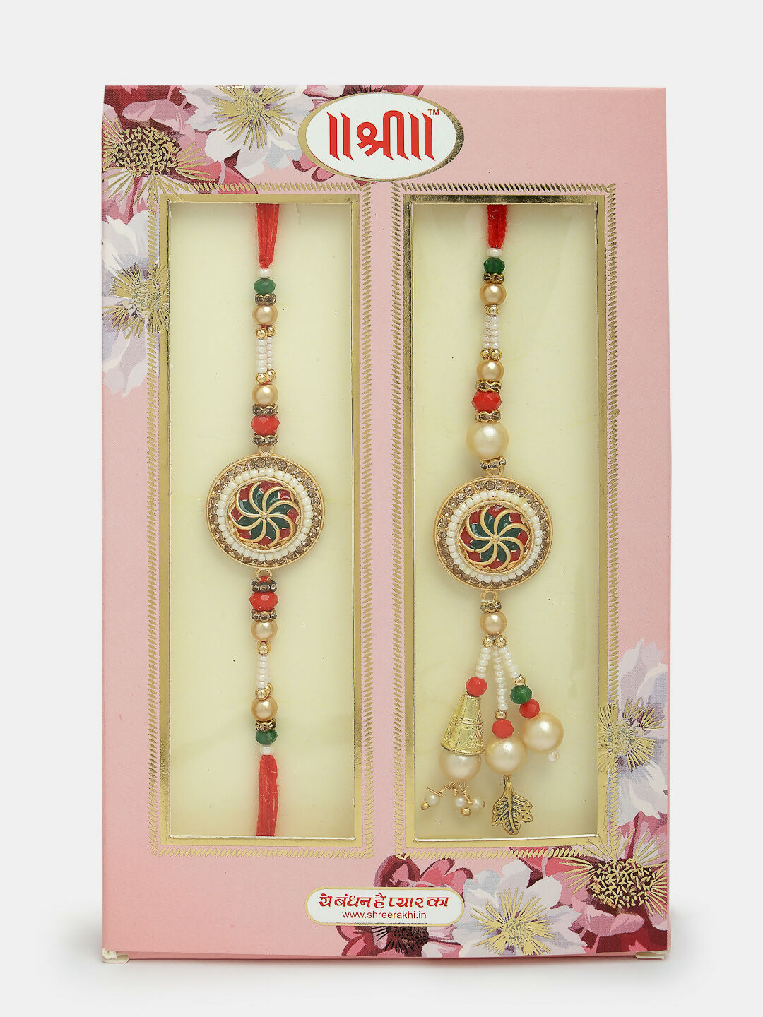 NVR Women & Men Set of 2 Gold-Toned Stone-Studded & Beaded Bhaiya Bhabi Rakhi With Roli Chawal & Chocolate