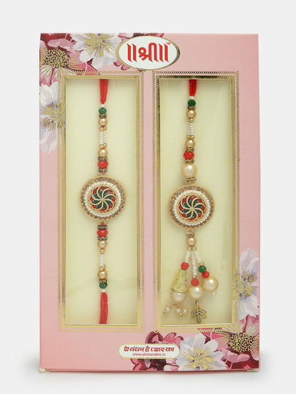 NVR Women & Men Set of 2 Gold-Toned Stone-Studded & Beaded Bhaiya Bhabi Rakhi With Roli Chawal & Chocolate