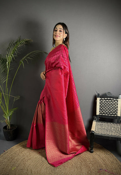 Joban Fashion Hot Pink Banarasi Soft Lichi Silk Checks & Woven Saree