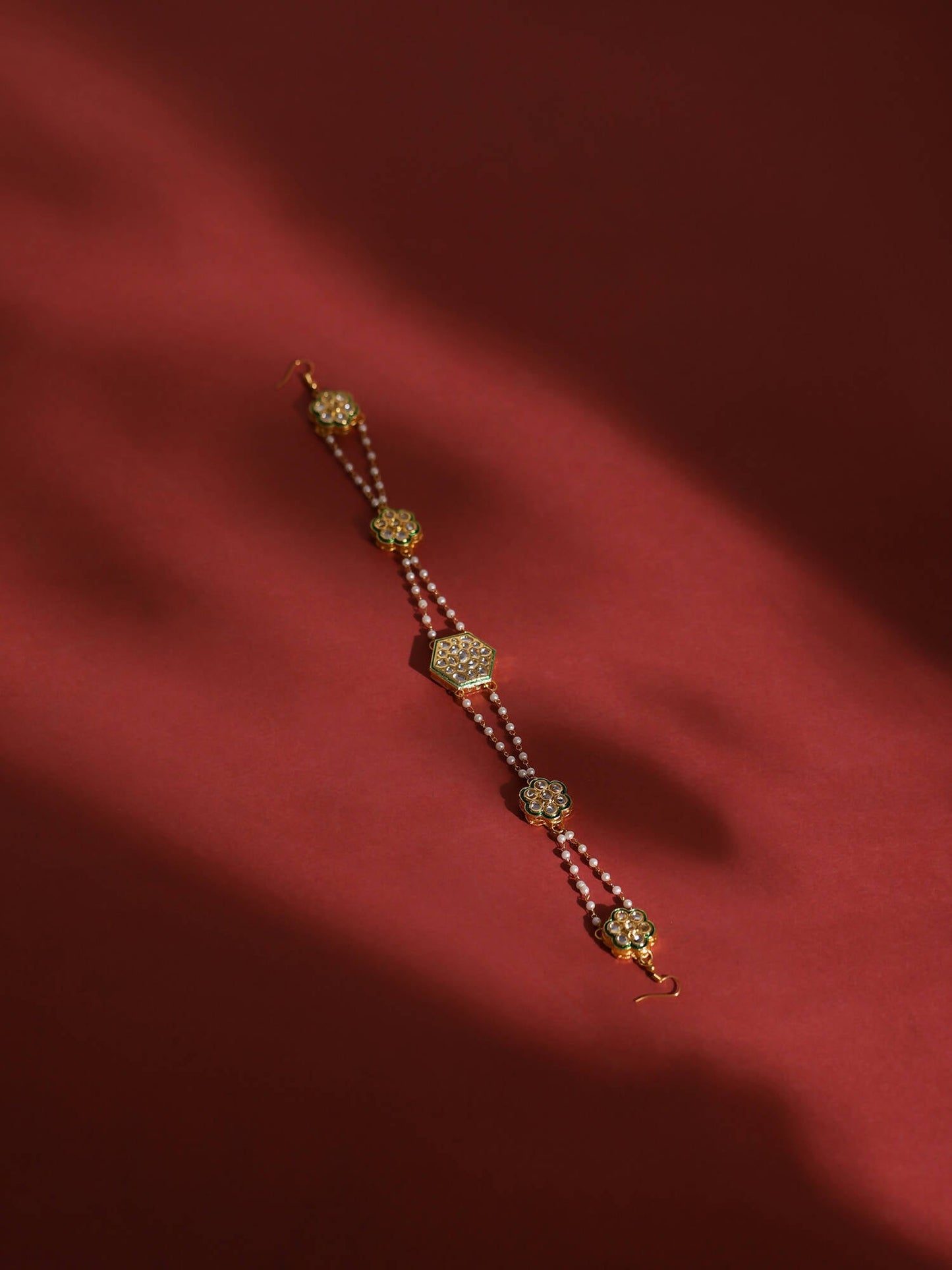 Gold-Polished White Kundan-Studded Pearl Beaded Hair Band - Ruby Raang