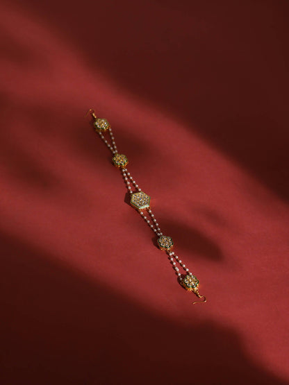 Gold-Polished White Kundan-Studded Pearl Beaded Hair Band - Ruby Raang