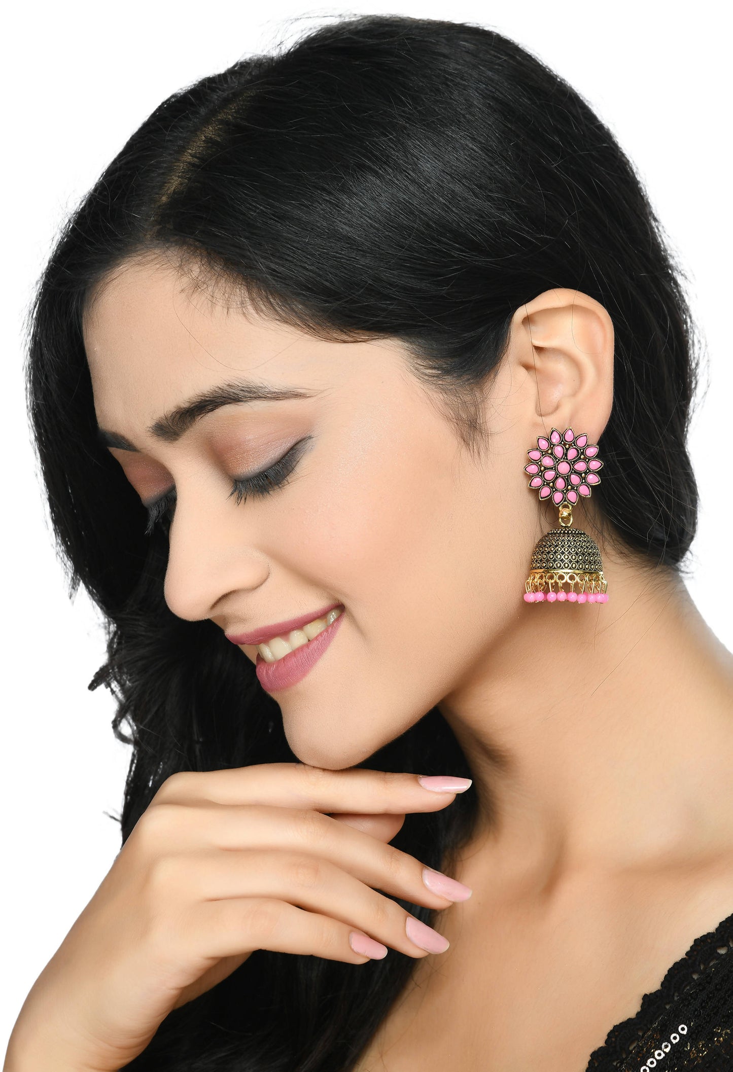 Mominos Fashion Johar Kamal Beautiful Kundan Work Jhumka With Baby Pink Beads