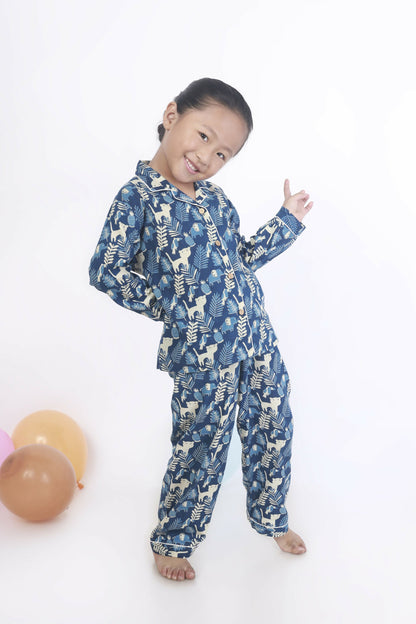 Breathables Kids Cotton Night Suit – Blue Jungle Print Shirt & Pyjama Co-Ord Set For Boys & Girls