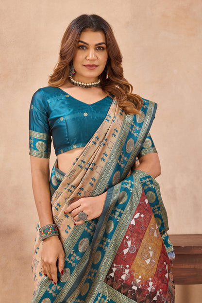 Divine International Trading Co Beige Soft Silk Blend Banarasi Jacuard Work Designer Party Wear Saree With Unstitched Blouse Piece