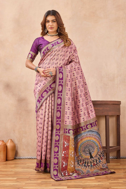 Divine International Trading Co Light Pink Soft Silk Blend Banarasi Jacuard Work Designer Party Wear Saree With Unstitched Blouse Piece