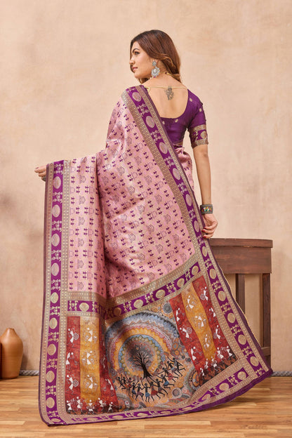 Divine International Trading Co Light Pink Soft Silk Blend Banarasi Jacuard Work Designer Party Wear Saree With Unstitched Blouse Piece
