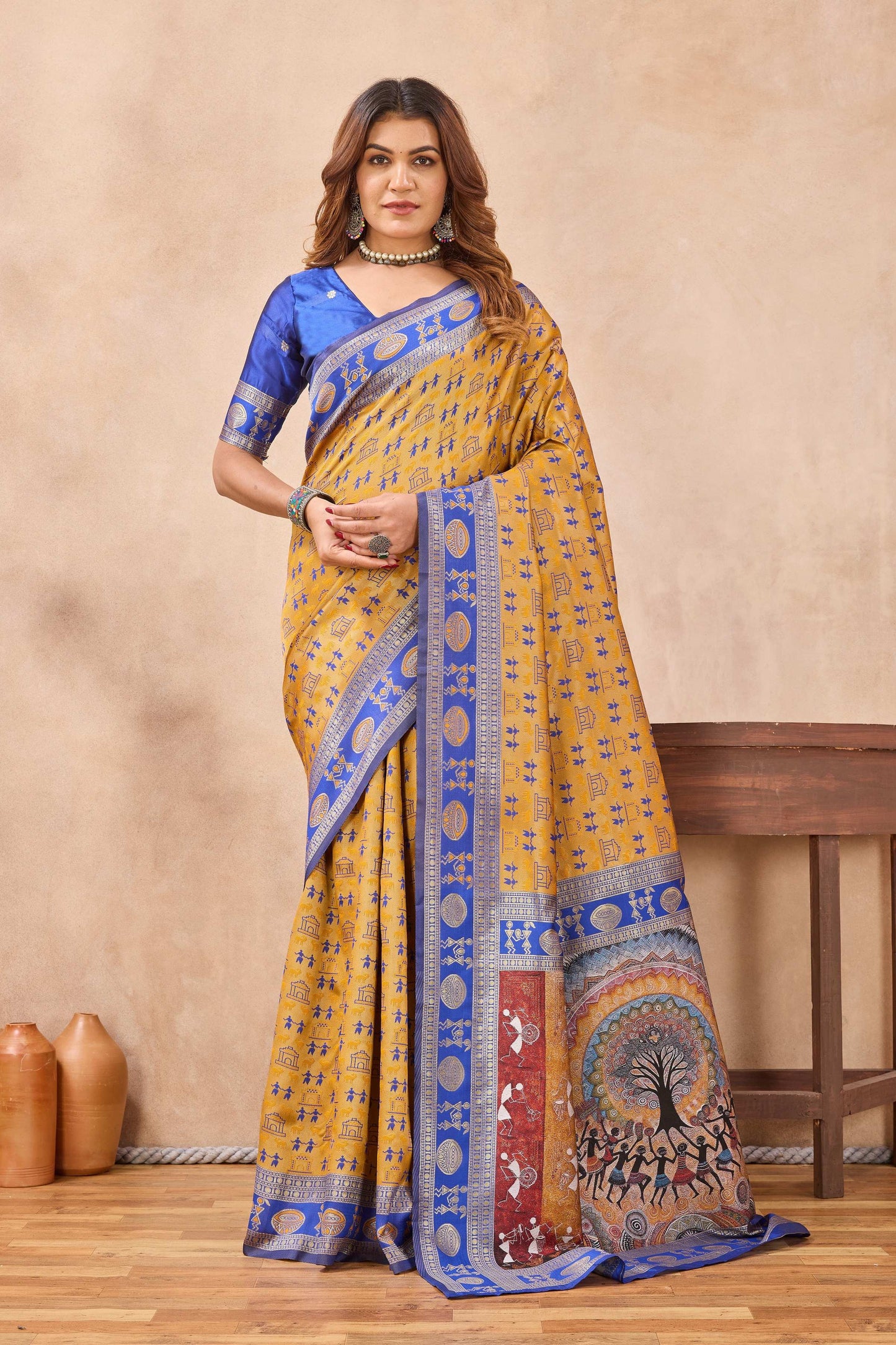 Divine International Trading Co Mustard Blue Soft Silk Blend Banarasi Jacuard Work Designer Party Wear Saree With Unstitched Blouse Piece
