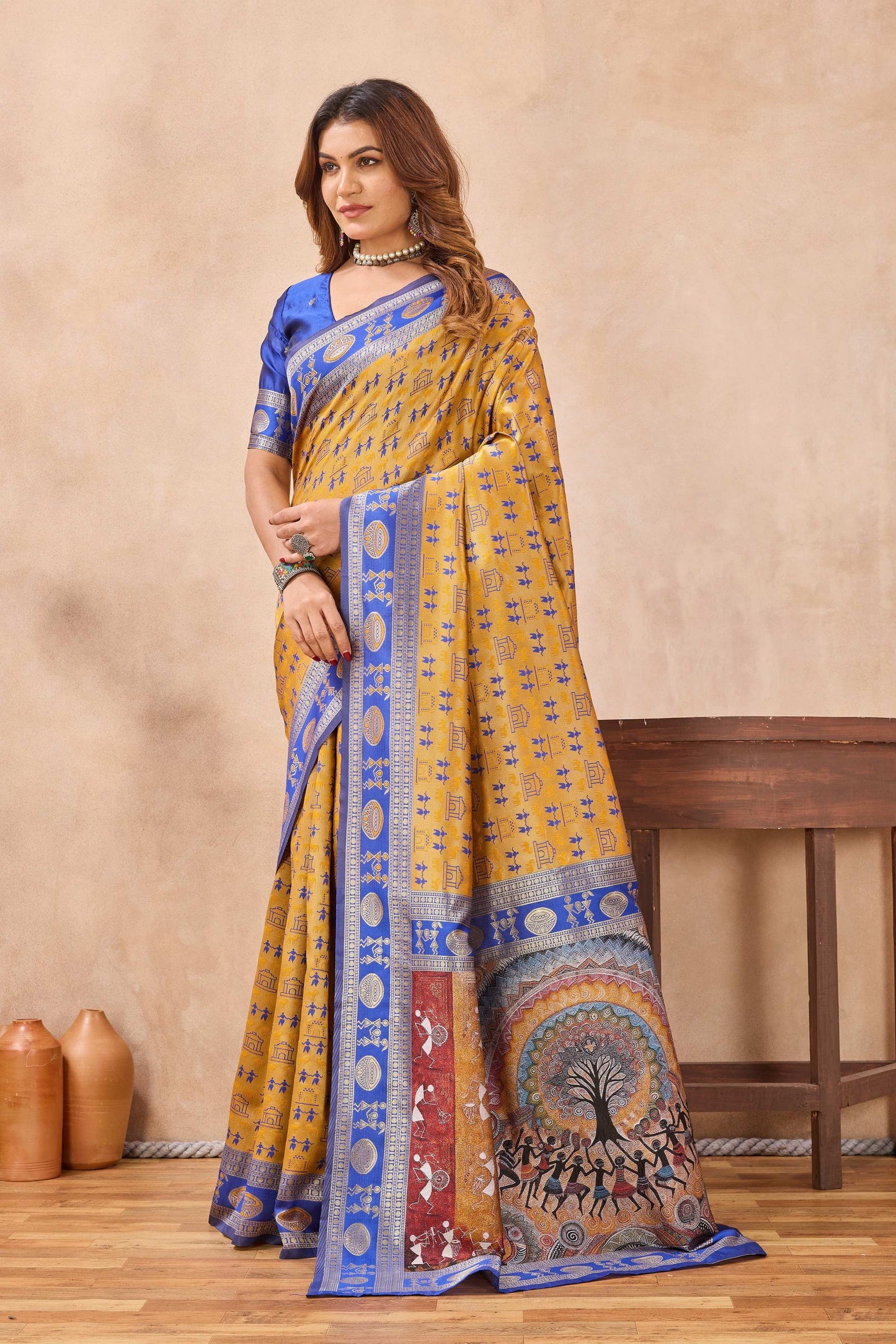 Divine International Trading Co Mustard Blue Soft Silk Blend Banarasi Jacuard Work Designer Party Wear Saree With Unstitched Blouse Piece