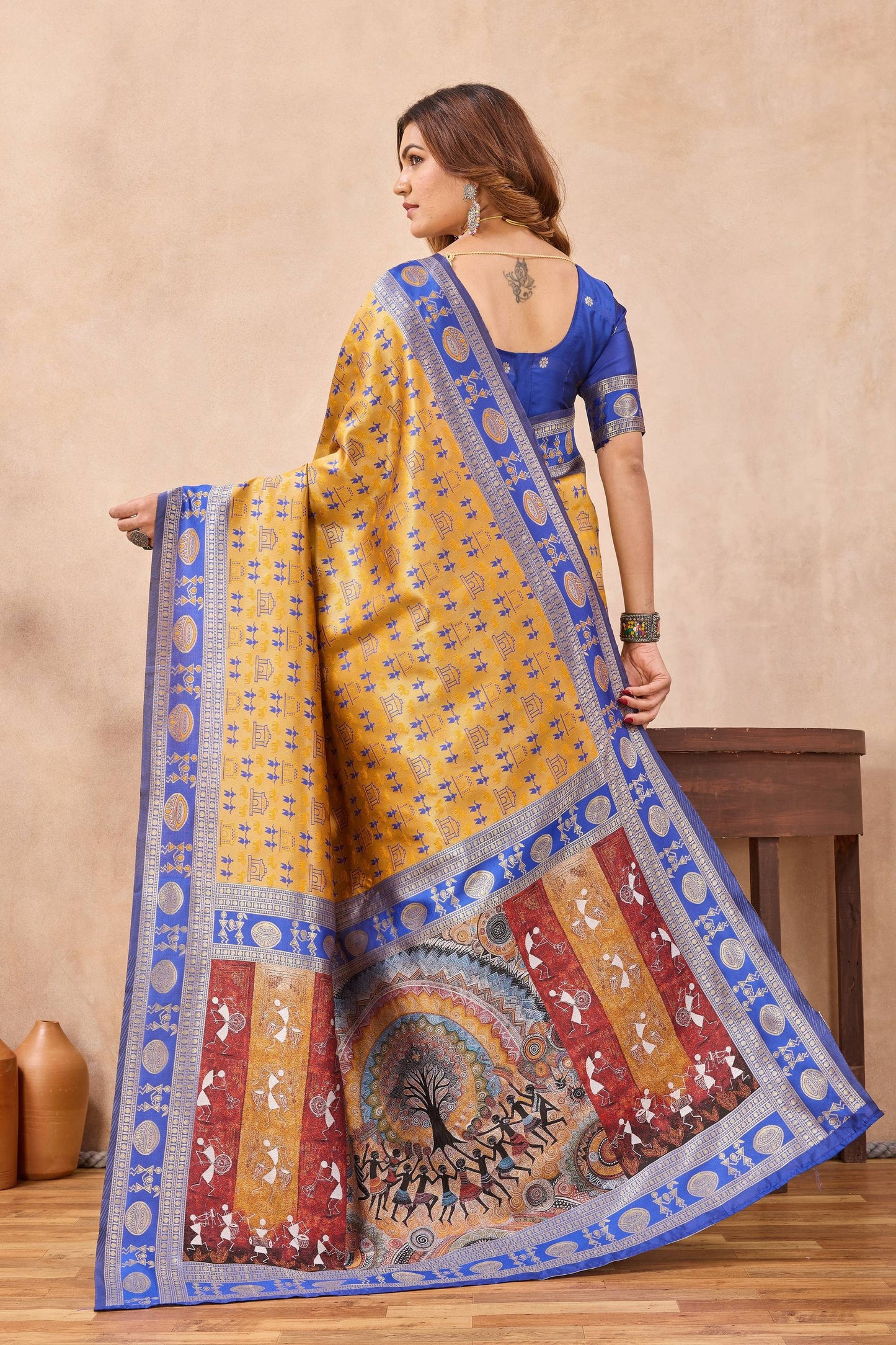 Divine International Trading Co Mustard Blue Soft Silk Blend Banarasi Jacuard Work Designer Party Wear Saree With Unstitched Blouse Piece