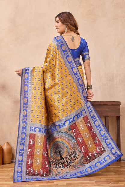 Divine International Trading Co Mustard Blue Soft Silk Blend Banarasi Jacuard Work Designer Party Wear Saree With Unstitched Blouse Piece