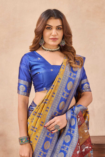 Divine International Trading Co Mustard Blue Soft Silk Blend Banarasi Jacuard Work Designer Party Wear Saree With Unstitched Blouse Piece