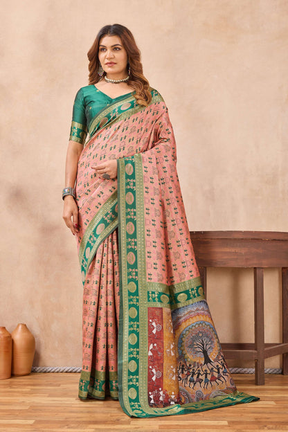 Divine International Trading Co Peach Green Soft Silk Blend Banarasi Jacuard Work Designer Party Wear Saree With Unstitched Blouse Piece