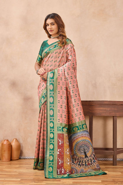 Divine International Trading Co Peach Green Soft Silk Blend Banarasi Jacuard Work Designer Party Wear Saree With Unstitched Blouse Piece