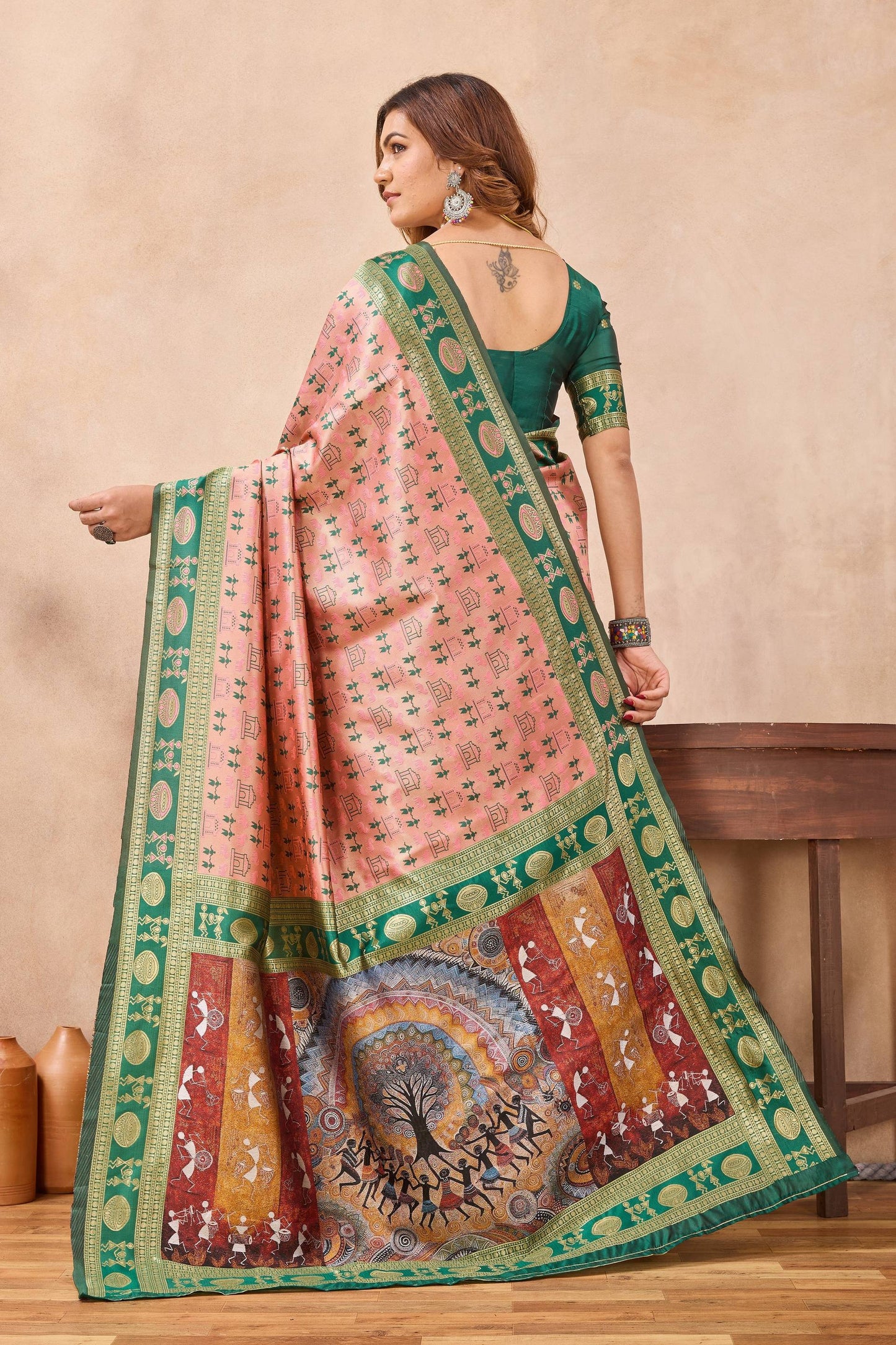 Divine International Trading Co Peach Green Soft Silk Blend Banarasi Jacuard Work Designer Party Wear Saree With Unstitched Blouse Piece