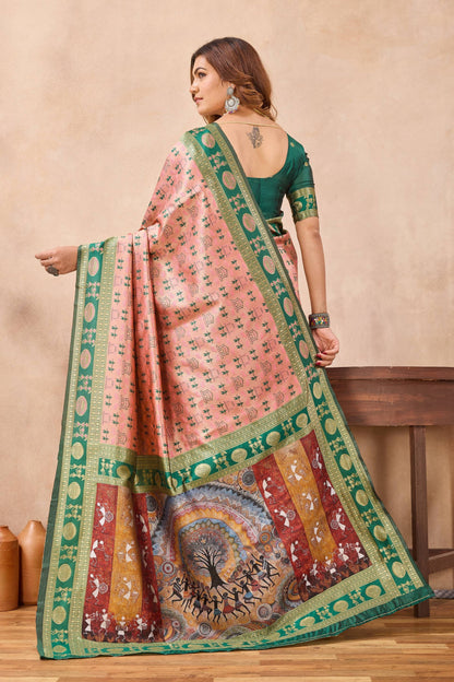 Divine International Trading Co Peach Green Soft Silk Blend Banarasi Jacuard Work Designer Party Wear Saree With Unstitched Blouse Piece