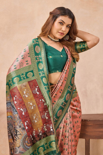 Divine International Trading Co Peach Green Soft Silk Blend Banarasi Jacuard Work Designer Party Wear Saree With Unstitched Blouse Piece