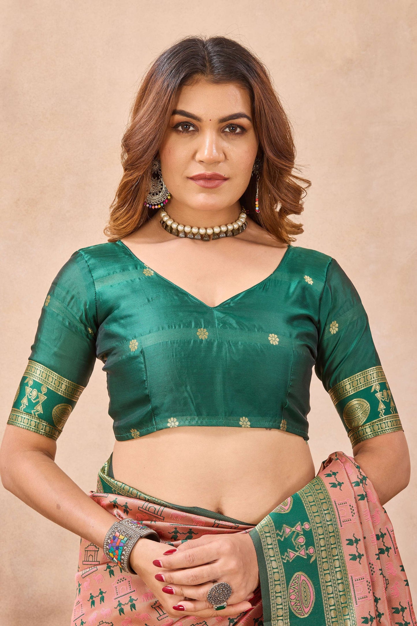 Divine International Trading Co Peach Green Soft Silk Blend Banarasi Jacuard Work Designer Party Wear Saree With Unstitched Blouse Piece