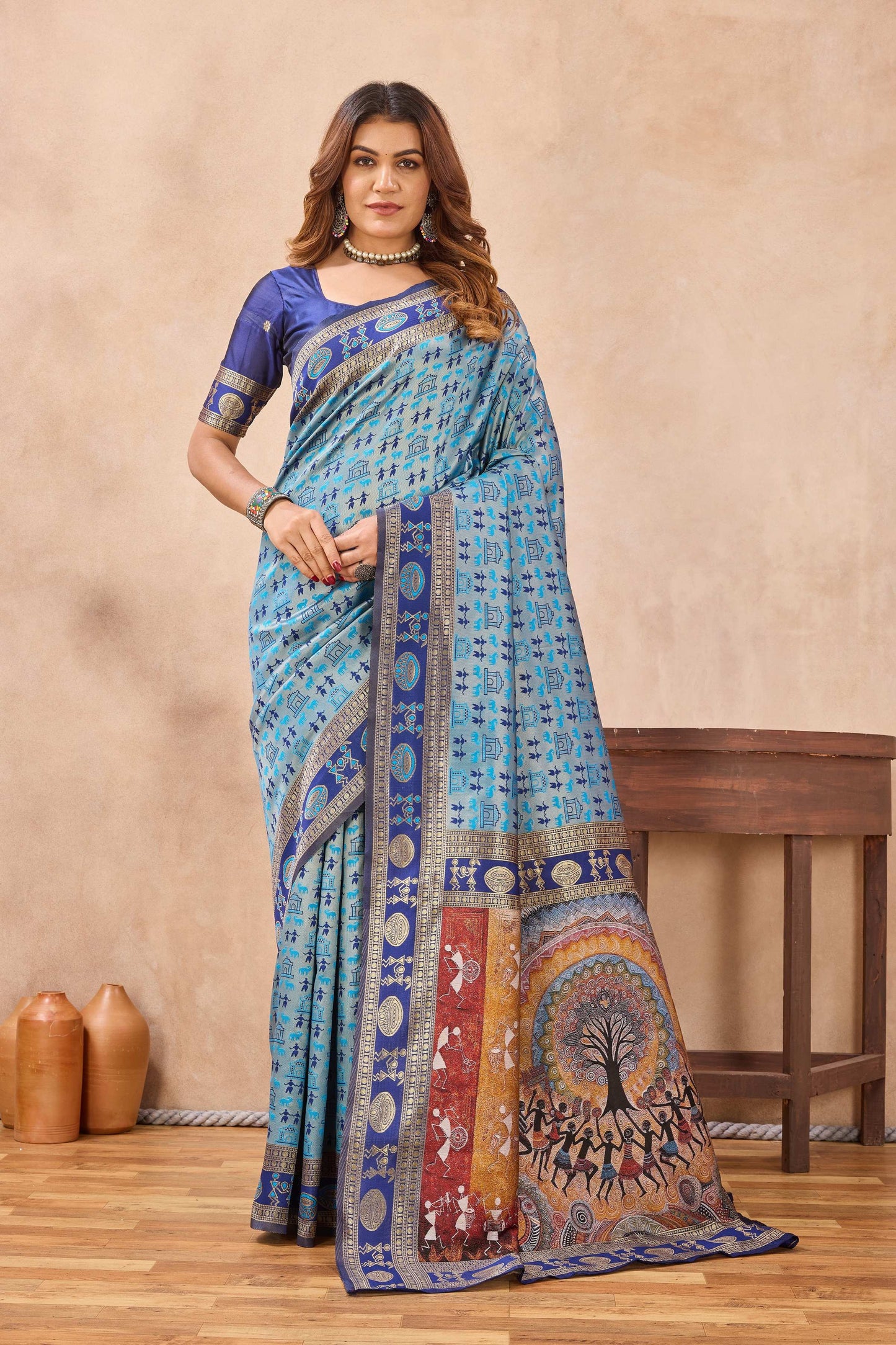Divine International Trading Co Turquoise Soft Silk Blend Banarasi Jacuard Work Designer Party Wear Saree With Unstitched Blouse Piece