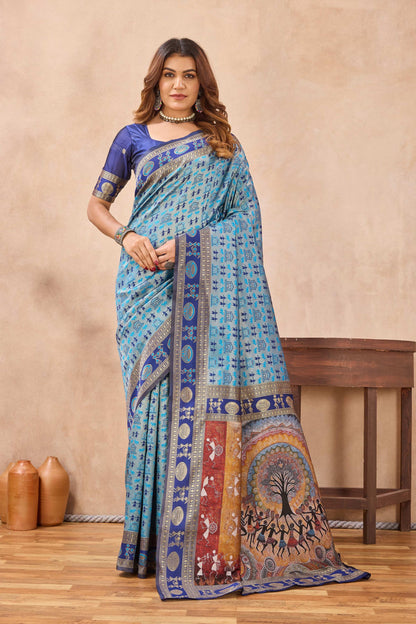 Divine International Trading Co Turquoise Soft Silk Blend Banarasi Jacuard Work Designer Party Wear Saree With Unstitched Blouse Piece