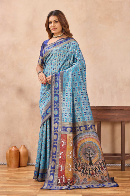 Divine International Trading Co Turquoise Soft Silk Blend Banarasi Jacuard Work Designer Party Wear Saree With Unstitched Blouse Piece