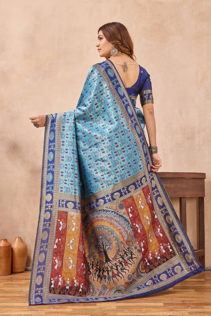Divine International Trading Co Turquoise Soft Silk Blend Banarasi Jacuard Work Designer Party Wear Saree With Unstitched Blouse Piece