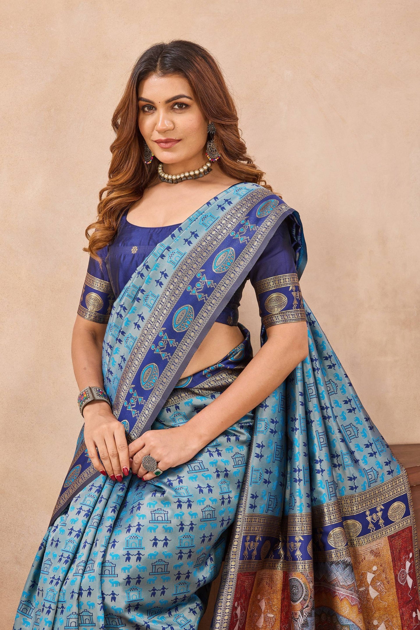 Divine International Trading Co Turquoise Soft Silk Blend Banarasi Jacuard Work Designer Party Wear Saree With Unstitched Blouse Piece