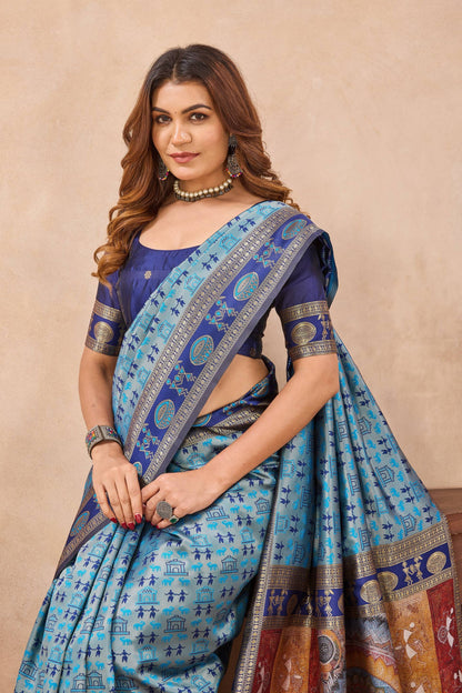 Divine International Trading Co Turquoise Soft Silk Blend Banarasi Jacuard Work Designer Party Wear Saree With Unstitched Blouse Piece