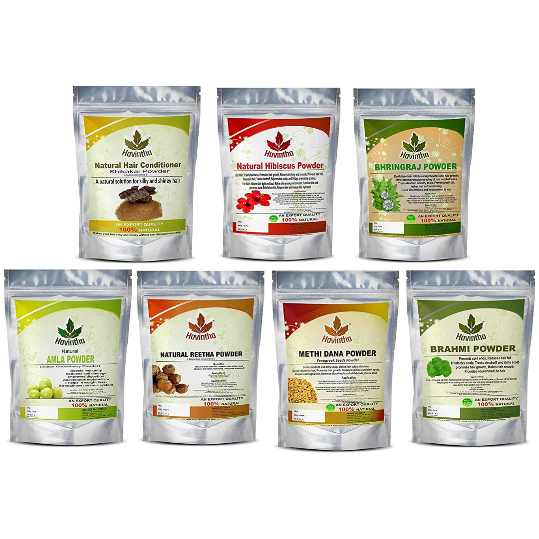 Havintha Amla Reetha Shikakai Methidana Hibiscus Bhringraj & Brahmi Powder - Each 100 Grams (Combo pack of 7)