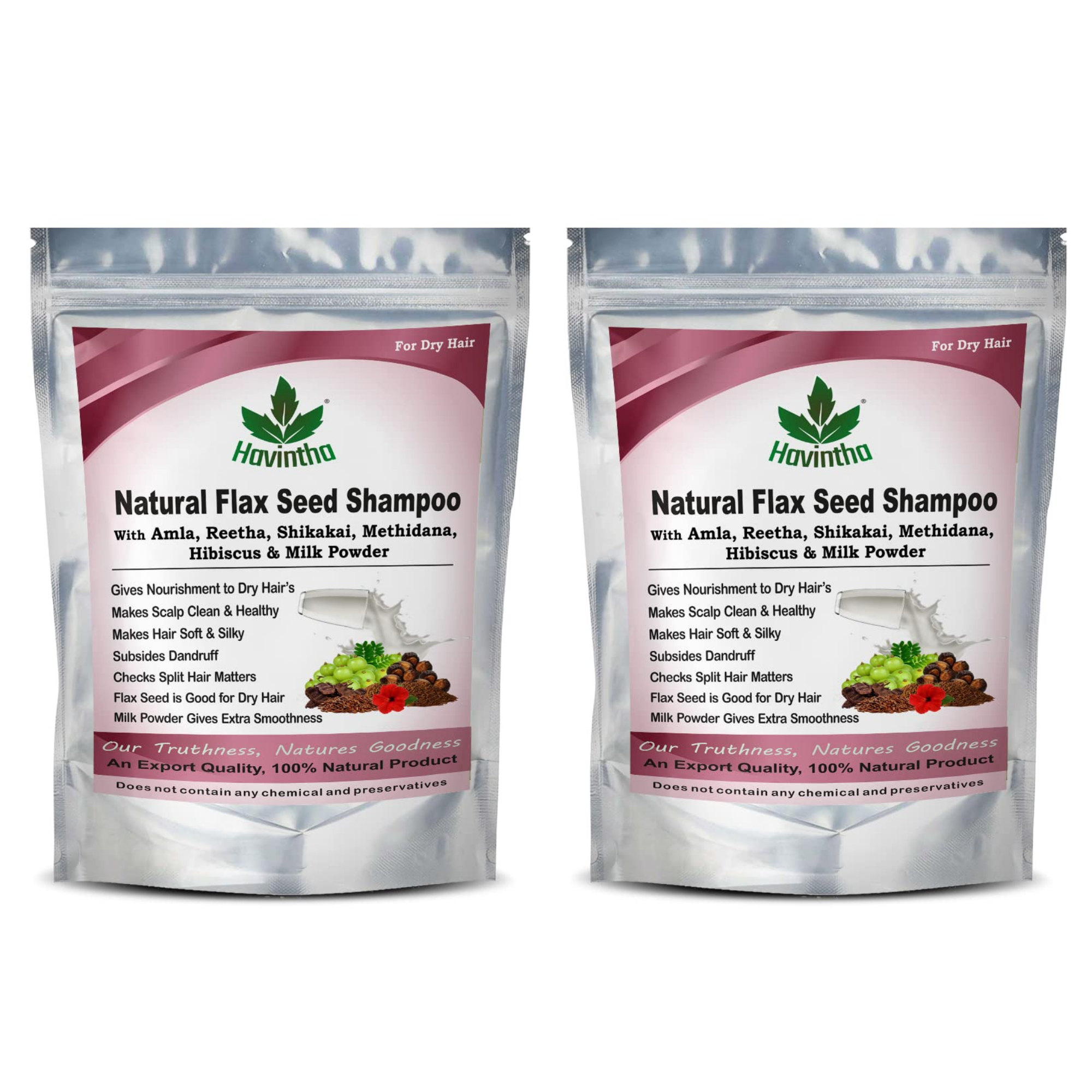 Havintha Natural Flaxseed Shampoo with Amla Reetha Shikakai Methidana Hibiscus and Milk Powder for Dry Hair - 227gm