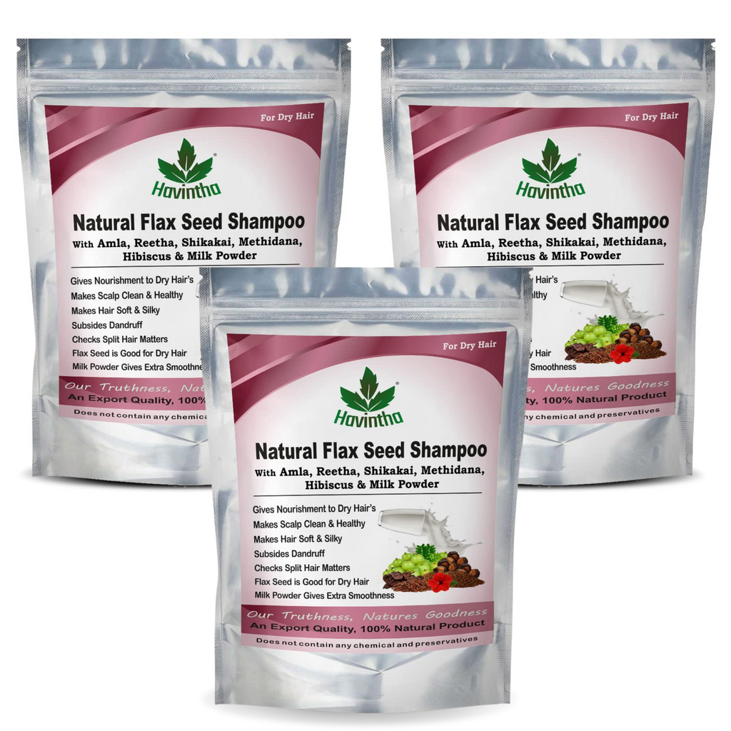 Havintha Natural Flaxseed Shampoo with Amla Reetha Shikakai Methidana Hibiscus and Milk Powder for Dry Hair - 227gm