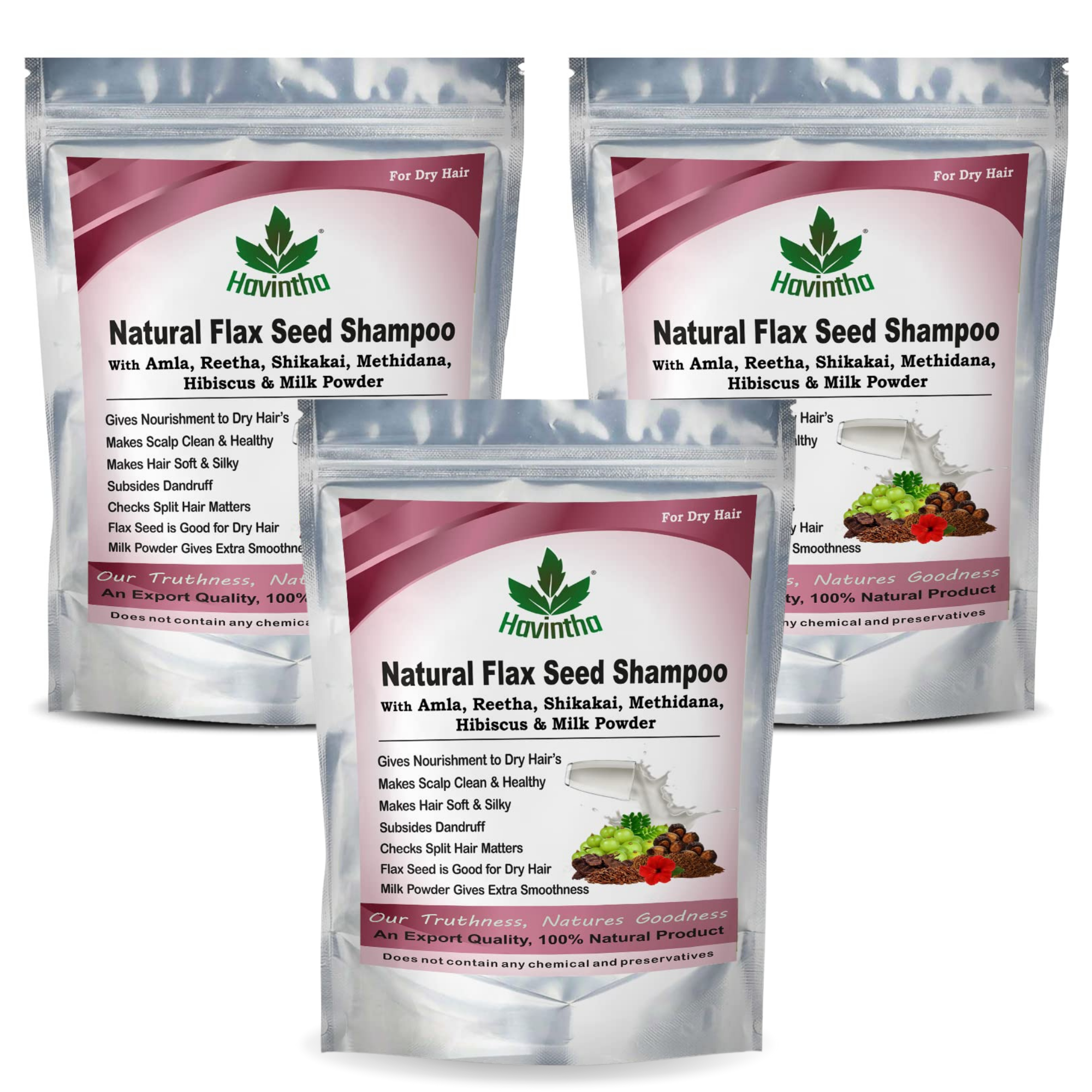Havintha Natural Flaxseed Shampoo with Amla Reetha Shikakai Methidana Hibiscus and Milk Powder for Dry Hair - 227gm