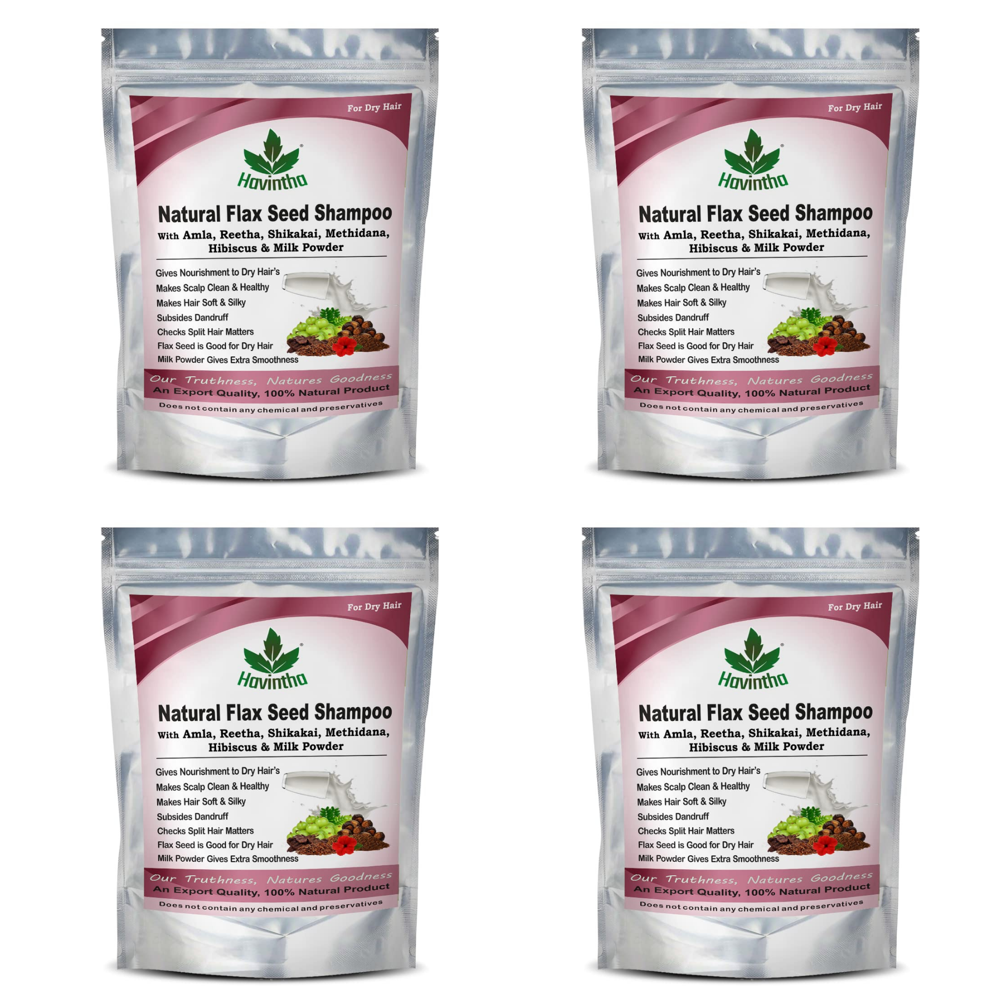 Havintha Natural Flaxseed Shampoo with Amla Reetha Shikakai Methidana Hibiscus and Milk Powder for Dry Hair - 227gm