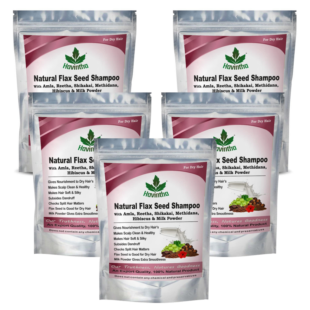 Havintha Natural Flaxseed Shampoo with Amla Reetha Shikakai Methidana Hibiscus and Milk Powder for Dry Hair - 227gm