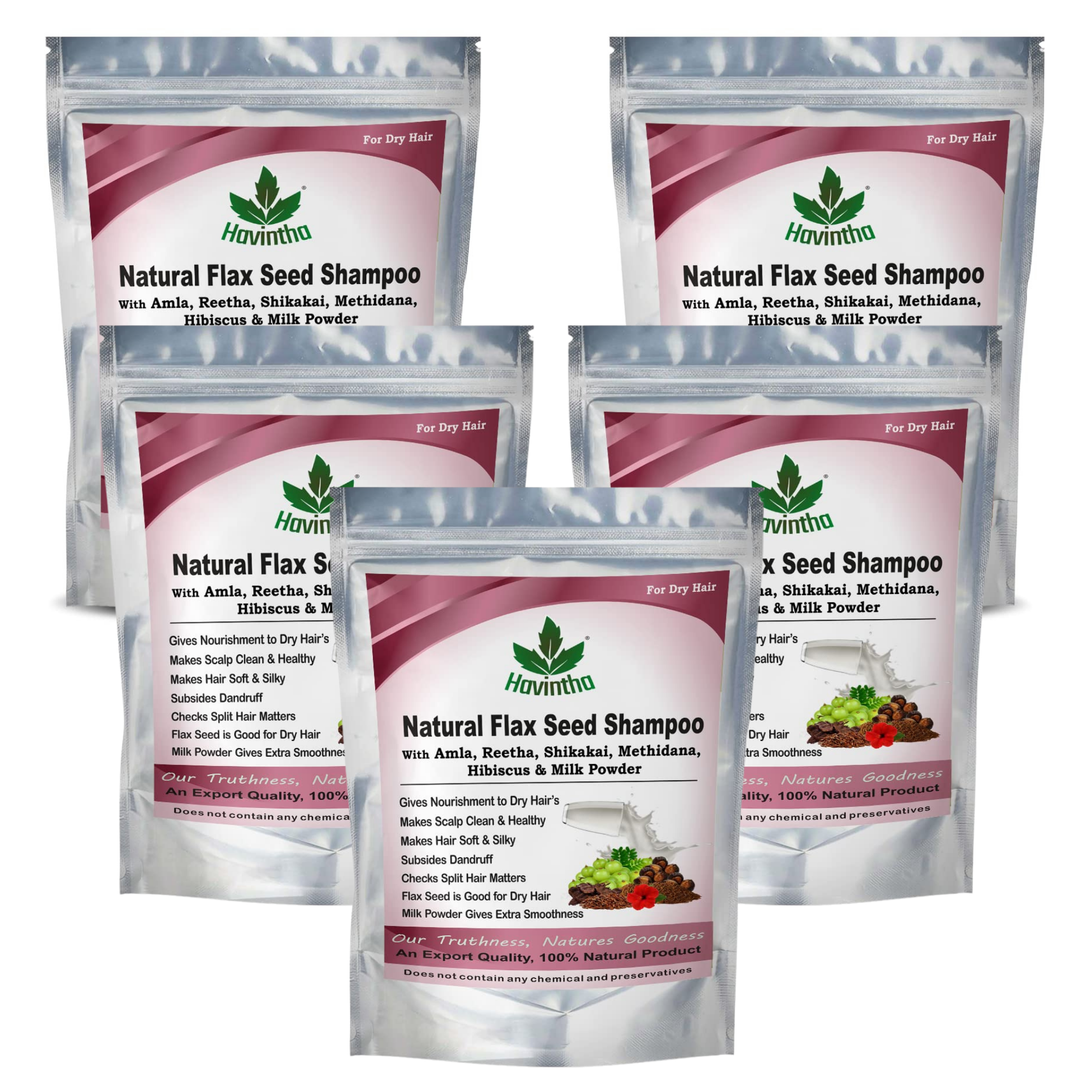 Havintha Natural Flaxseed Shampoo with Amla Reetha Shikakai Methidana Hibiscus and Milk Powder for Dry Hair - 227gm