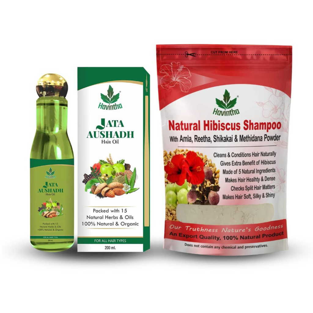 Havintha Natural Hair Shampoo with Amla, Reetha Shikakai Methidana Hibiscus Powder - 227 gms And 15 Natural Herbs Hair Oil - 200ml with Jatamansi, Kalonji
