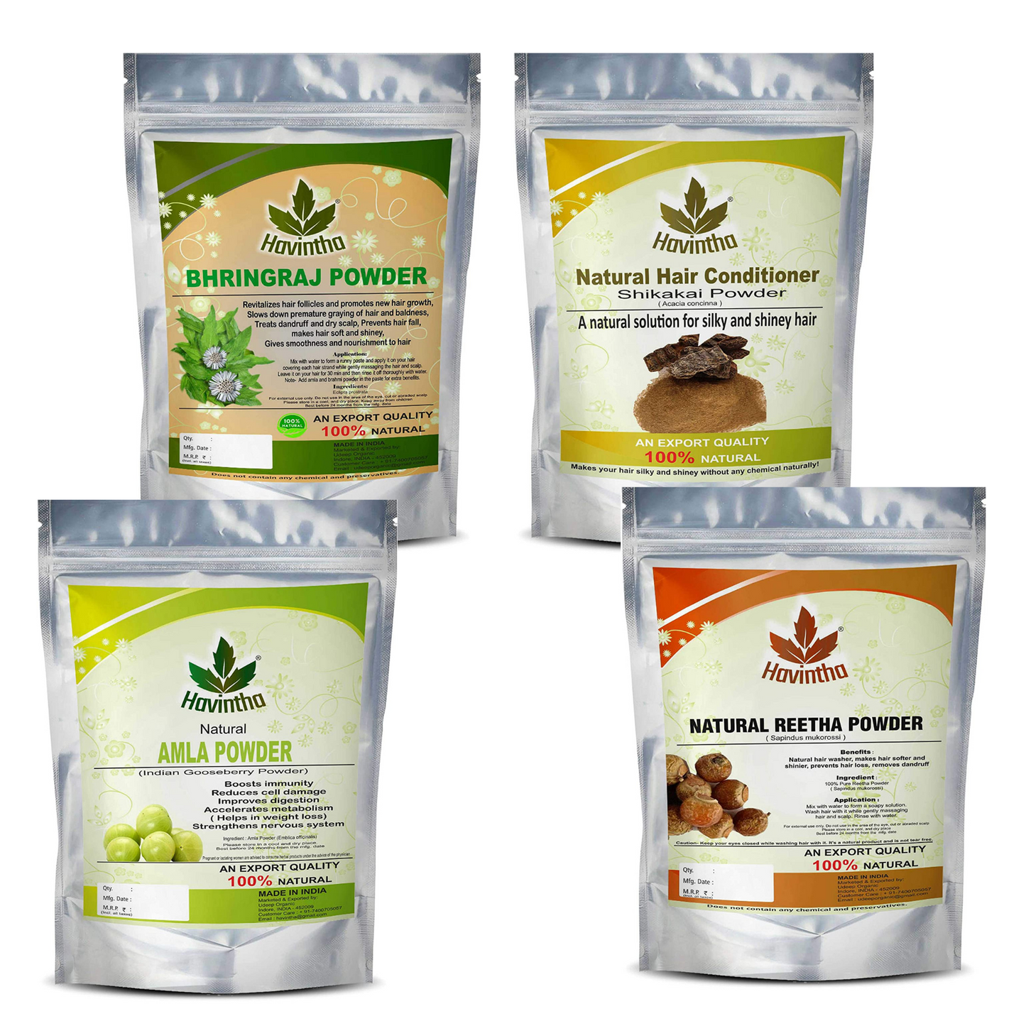 Havintha Amla Reetha Shikakai & Bhringraj Powder For Hair - Each 227 Grams (Combo Pack of 4)