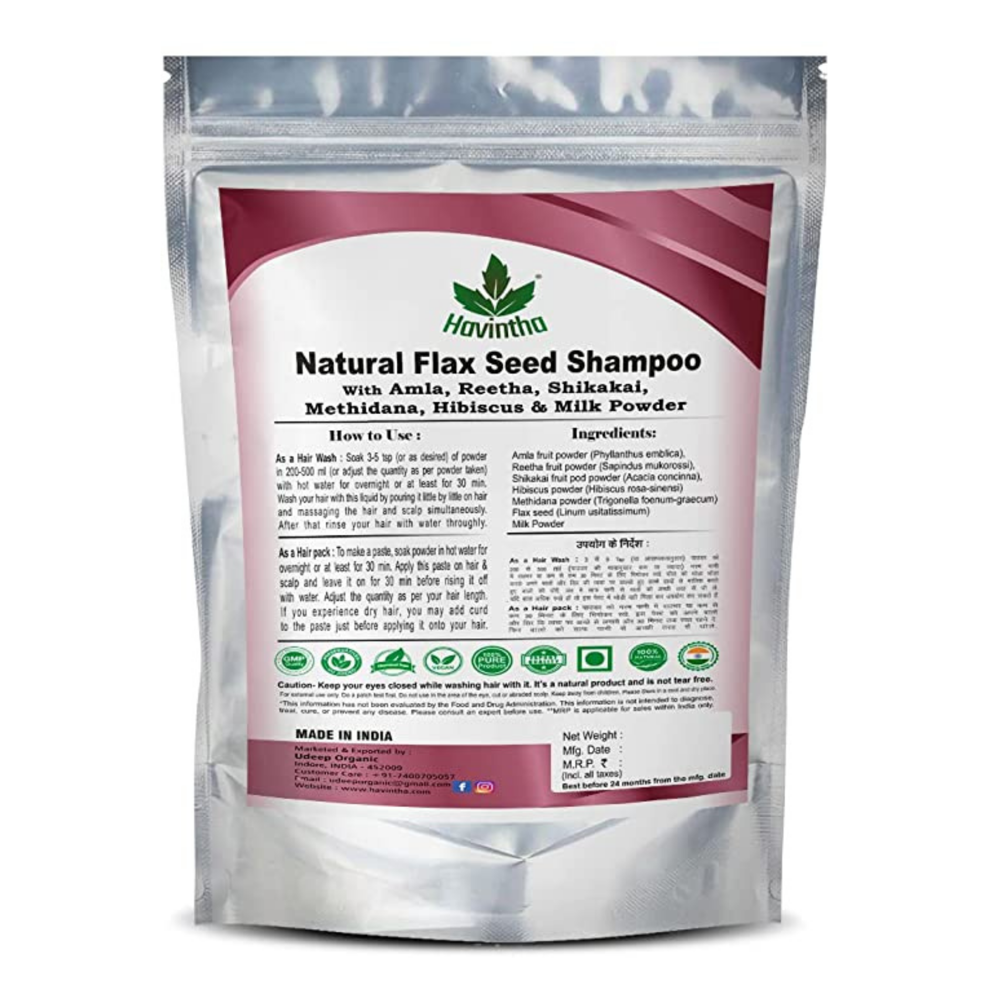 Havintha Natural Flaxseed Shampoo with Amla Reetha Shikakai Methidana Hibiscus and Milk Powder for Dry Hair - 227gm