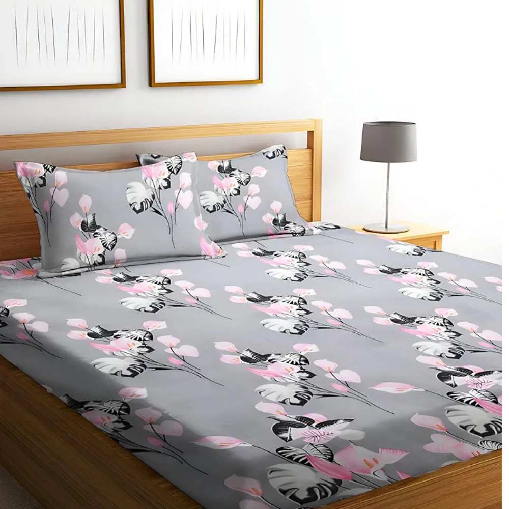 Starnstyle Polycotton 220 TC Floral Printed King Size Double Bedsheet with 2 Pillow Covers Grey Floral