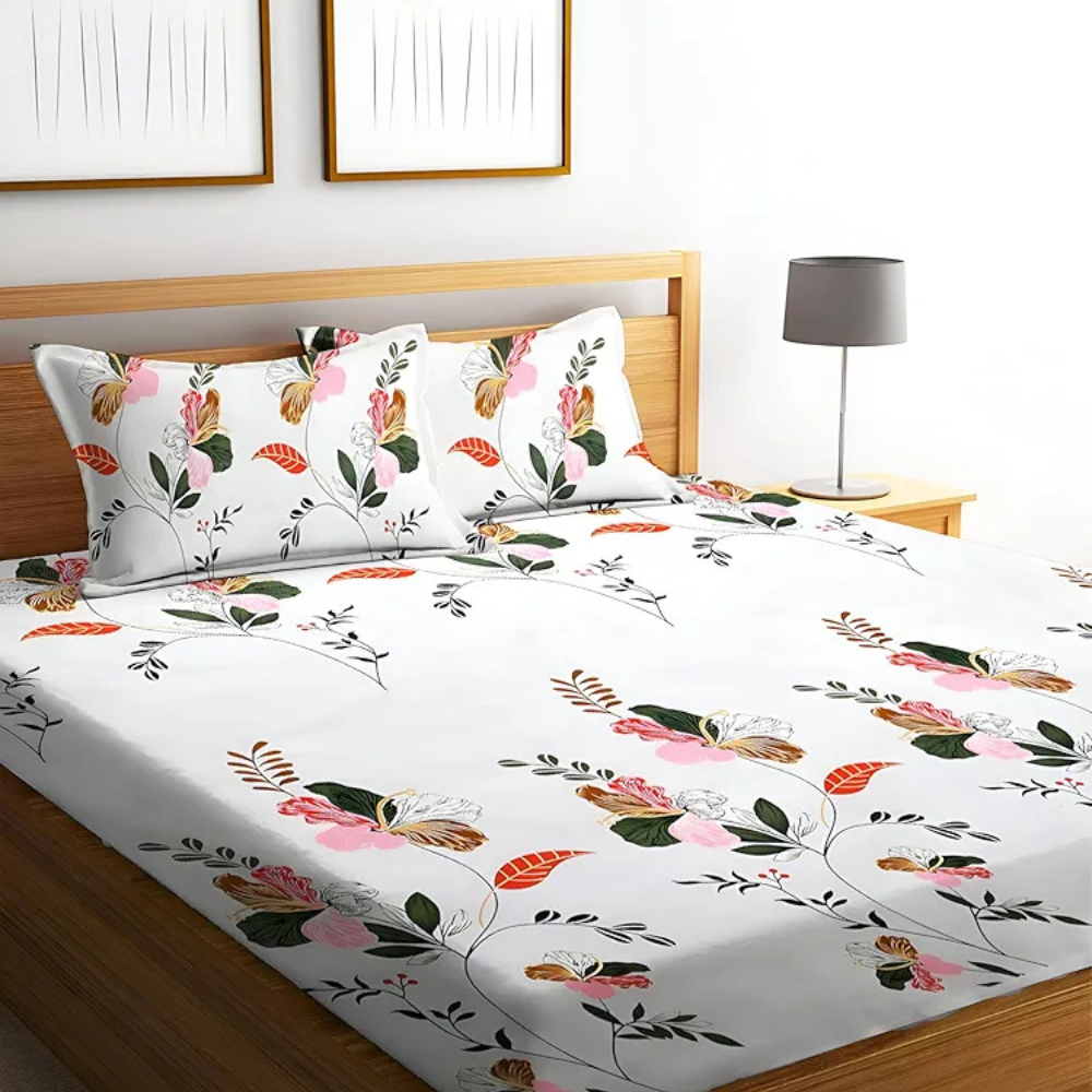 Starnstyle Polycotton 220 TC Floral Printed King Size Double Bedsheet with 2 Pillow Covers Multid