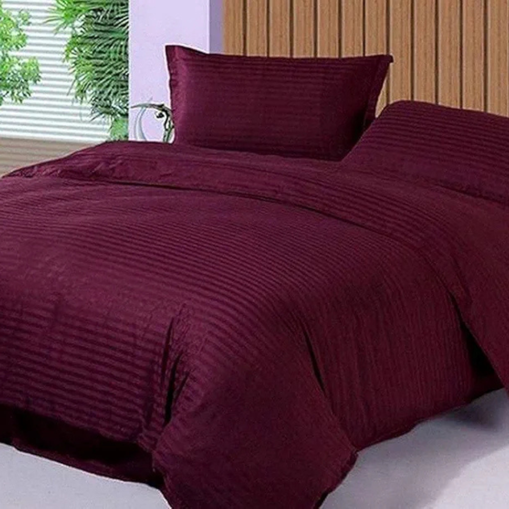 Purav Light Microfiber Flat Double Bed Bedsheet Plain Striped Cotton Bedsheet with 2 Pillow Covers for King Size Bed 340 TC Breathable Wrinklefree Wine Color