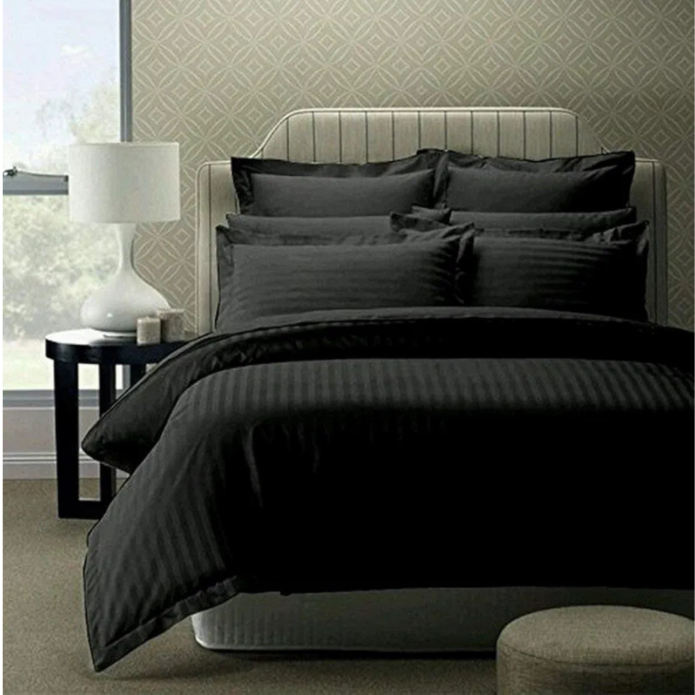 Purav Light Microfiber Flat Double Bed Bedsheet Plain Striped Cotton Bedsheet with 2 Pillow Covers for King Size Bed 340 TC Breathable Wrinklefree Black Color